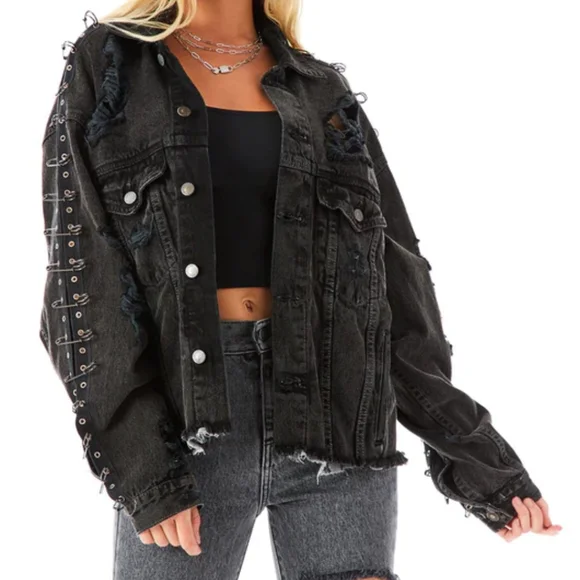 Carmar Audrey Safety Pin Sleeve Shredded Black Denim Jacket - Picture 6 of 10